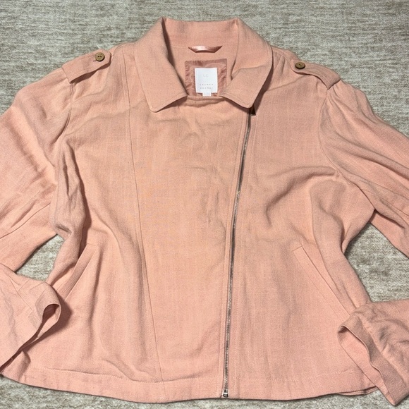XL rayon linen moto jacket peachy color push up sleeves zip front - Picture 2 of 8